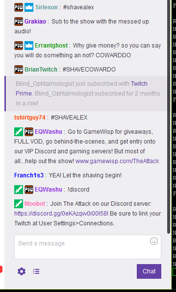Twitch Chat showing badges and subscription messages.